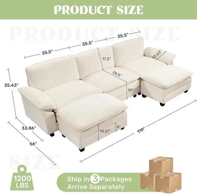 Alt view image 2 of 6 - 118" Modular Sectional Sofa,Comfy Cloud Couch Sectional Sofa with Ottoman,U Shaped 5-Seat Chenille Sleeper Deep Seat Sofas for Living Room,Bedroom and Apartment,Beige
