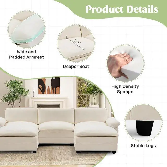 Alt view image 3 of 6 - 118" Modular Sectional Sofa,Comfy Cloud Couch Sectional Sofa with Ottoman,U Shaped 5-Seat Chenille Sleeper Deep Seat Sofas for Living Room,Bedroom and Apartment,Beige