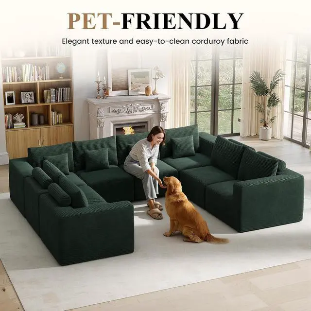 Alt view image 3 of 7 - Modern U Shaped Modular Sectional Sofa, Convertible Oversized Cloud Couches for Living Room, Comfy 8 Seater Corduroy Boneless Couch Sofa Set, No Assembly Required, Beige 1 PCS