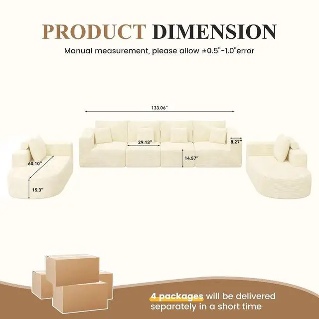 Alt view image 2 of 7 - Living Room Furniture Sets,Modern U Shaped Modular Sectional Sofa,Convertible Cloud Couches for Living Room,Comfy 4 Seater with 2 Chaise Furniture Set, Boneless Couch Sofa,1 PCS