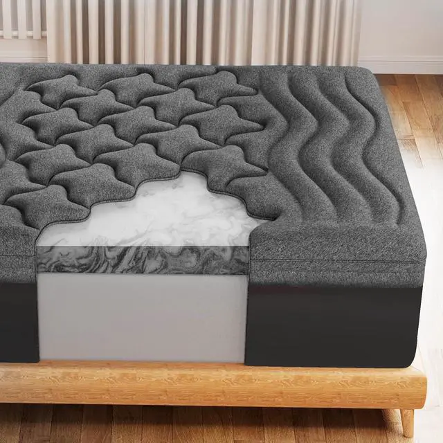 Main image of Dual Layer 4 Inch Bamboo Twin XL Mattress Topper for College Dorm, 2 Inch Thick Soft Quilted Pillow Top Cover Plus 2 Inch Charcoal Gel Memory Foam Mattress Pad for Back Pain Relief