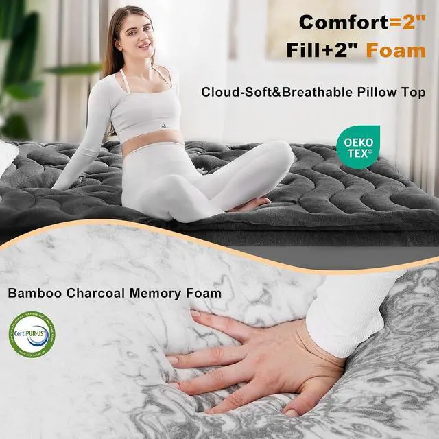 Alt view image 4 of 7 - Dual Layer 4 Inch Bamboo Twin XL Mattress Topper for College Dorm, 2 Inch Thick Soft Quilted Pillow Top Cover Plus 2 Inch Charcoal Gel Memory Foam Mattress Pad for Back Pain Relief