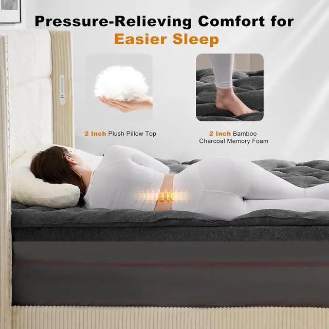 Alt view image 5 of 7 - Dual Layer 4 Inch Bamboo Twin XL Mattress Topper for College Dorm, 2 Inch Thick Soft Quilted Pillow Top Cover Plus 2 Inch Charcoal Gel Memory Foam Mattress Pad for Back Pain Relief