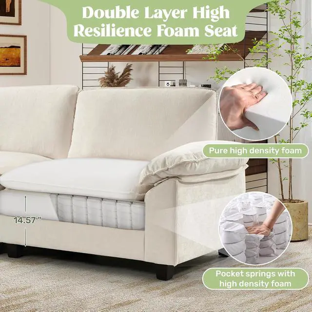 Alt view image 5 of 7 - 118" Modular Sectional Sofa,Comfy Cloud Couch Sectional Sofa,3 Seat Chenille Sleeper Deep Seat Sofas for Living Room,Bedroom and Apaent,Beige