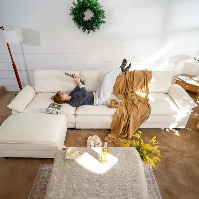 Alt view image 7 of 7 - 118" Modular Sectional Sofa,Comfy Cloud Couch Sectional Sofa,3 Seat Chenille Sleeper Deep Seat Sofas for Living Room,Bedroom and Apaent,Beige