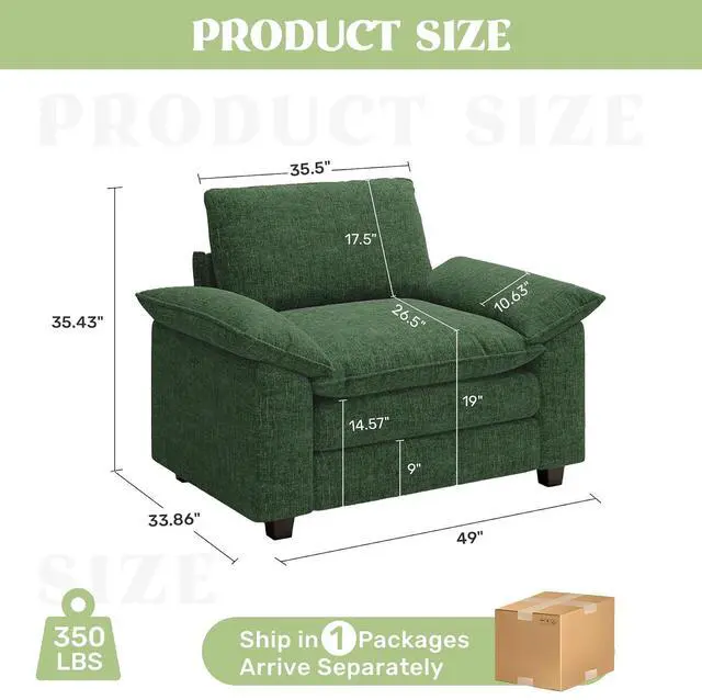 Alt view image 2 of 4 - 49" Single Sofa Seat,Comfy Cloud Couch Sectional Sofa, Chenille Sleeper Deep Seat Sofas for Living Room,Bedroom and Apartment,Green