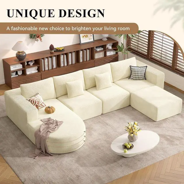 Alt view image 5 of 7 - 134" Boneless Couches for Living Room,Large U-Shaped Modular Sectional Sofa with Convertible Ottoman,Modern Cozy Cloud Couch in a Box,Sponge Compression Deep Seat Sofas with Chaise,Beige,1pcs