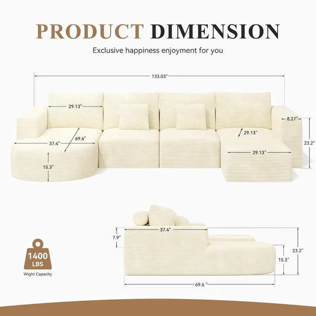 Alt view image 2 of 7 - 134" Boneless Couches for Living Room,Large U-Shaped Modular Sectional Sofa with Convertible Ottoman,Modern Cozy Cloud Couch in a Box,Sponge Compression Deep Seat Sofas with Chaise,Beige,1pcs