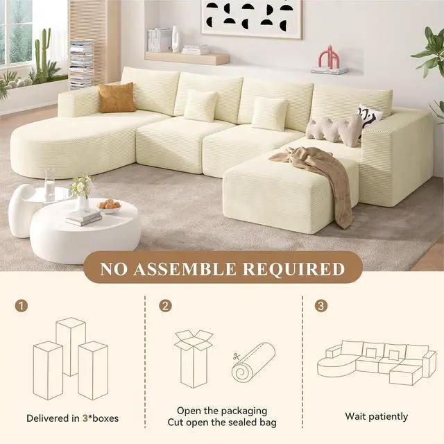 Alt view image 7 of 7 - 134" Boneless Couches for Living Room,Large U-Shaped Modular Sectional Sofa with Convertible Ottoman,Modern Cozy Cloud Couch in a Box,Sponge Compression Deep Seat Sofas with Chaise,Beige,1pcs