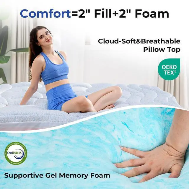 Alt view image 4 of 7 - Dual Layer 4 Inch Cooling Twin XL Mattress Topper for College Dorm, 2" Thick Soft Quilted Ice Silk Pillow Top Cover Plus 2" Gel Memory Foam Mattress Pad for Back Pain Relief