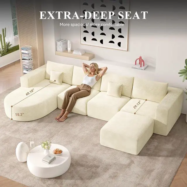Alt view image 3 of 7 - 134" Boneless Couches for Living Room,Large U-Shaped Modular Sectional Sofa with Convertible Ottoman,Modern Cozy Cloud Couch in a Box,Sponge Compression Deep Seat Sofas with Chaise,Beige,1pcs