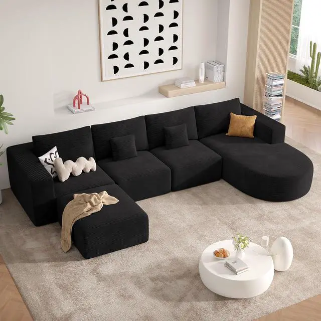 Main image of 134" Boneless Couches for Living Room,Large U-Shaped Modular Sectional Sofa with Convertible Ottoman,Modern Cozy Cloud Couch in a Box,Sponge Compression Deep Seat Sofas with Chaise,Black,1pcs