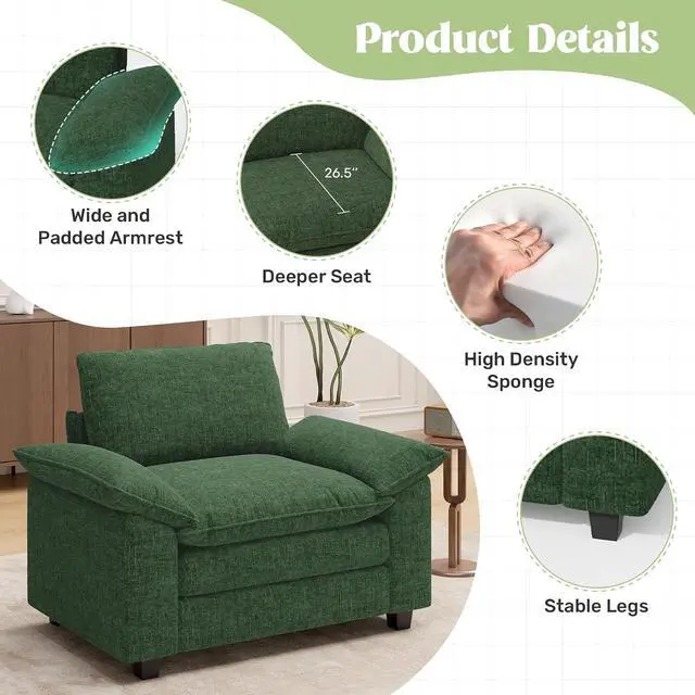 Alt view image 3 of 4 - 49" Single Sofa Seat,Comfy Cloud Couch Sectional Sofa, Chenille Sleeper Deep Seat Sofas for Living Room,Bedroom and Apartment,Green