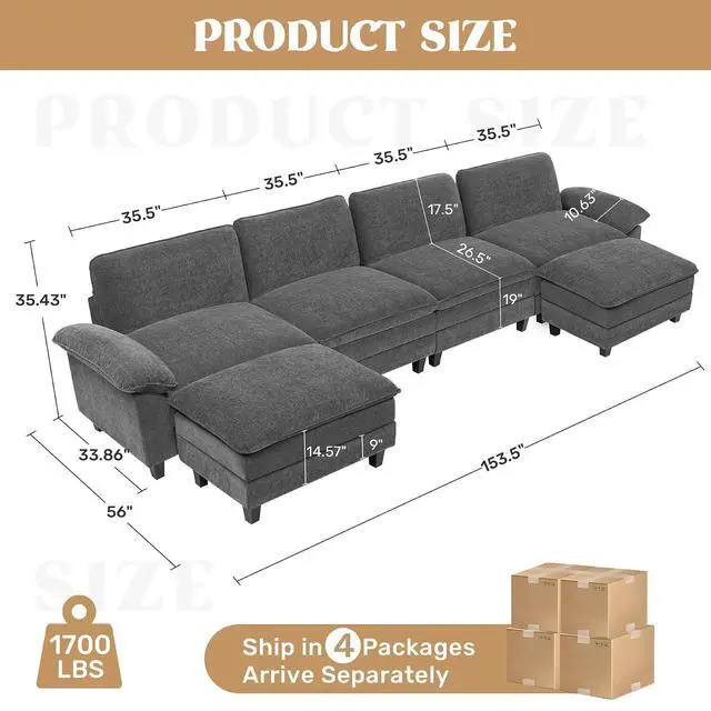 Alt view image 2 of 7 - 154" Modular Sectional Sofa,Comfy Cloud Couch Sectional Sofa with Ottoman,U Shaped 6-Seat Chenille Sleeper Deep Seat Sofas for Living Room,Bedroom and Apartment,Dark Gary