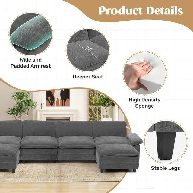 Alt view image 3 of 7 - 154" Modular Sectional Sofa,Comfy Cloud Couch Sectional Sofa with Ottoman,U Shaped 6-Seat Chenille Sleeper Deep Seat Sofas for Living Room,Bedroom and Apartment,Dark Gary