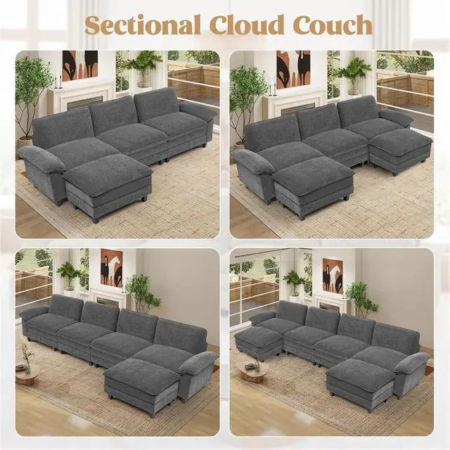 Alt view image 4 of 7 - 118" Modular Sectional Sofa,Comfy Cloud Couch Sectional Sofa with Ottoman,L Shaped 4-Seat Chenille Sleeper Deep Seat Sofas for Living Room,Bedroom and Apartment,Dark Gary
