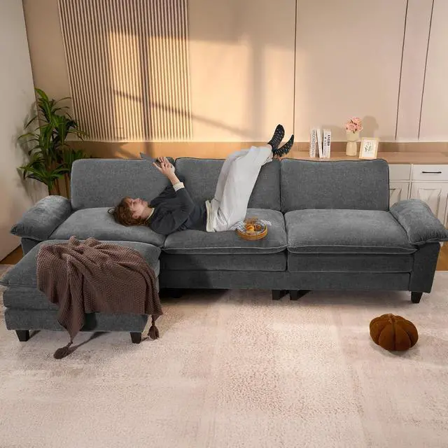 Alt view image 6 of 7 - 118" Modular Sectional Sofa,Comfy Cloud Couch Sectional Sofa with Ottoman,L Shaped 4-Seat Chenille Sleeper Deep Seat Sofas for Living Room,Bedroom and Apartment,Dark Gary