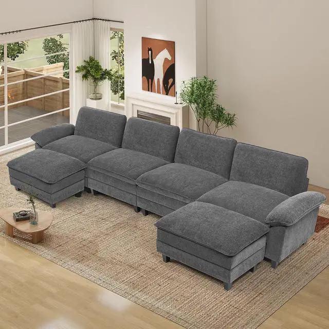 Main image of 154" Modular Sectional Sofa,Comfy Cloud Couch Sectional Sofa with Ottoman,U Shaped 6-Seat Chenille Sleeper Deep Seat Sofas for Living Room,Bedroom and Apartment,Dark Gary