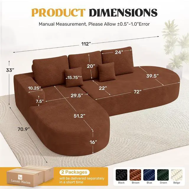 Alt view image 2 of 7 - 112" Modern Curved Cloud Couch, Corduroy Boneless Couches for Living Room with Deep Seat, Memory Foam Compressed Modular Sectional Sofa, No Assembly Required,Brown 1 PCS