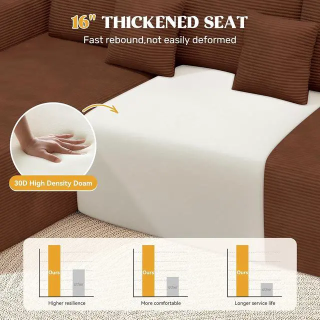 Alt view image 4 of 7 - 112" Modern Curved Cloud Couch, Corduroy Boneless Couches for Living Room with Deep Seat, Memory Foam Compressed Modular Sectional Sofa, No Assembly Required,Brown 1 PCS