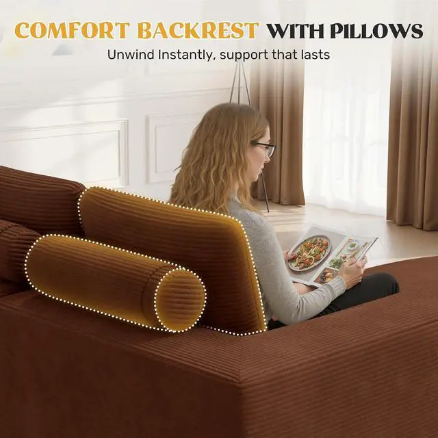 Alt view image 5 of 7 - 112" Modern Curved Cloud Couch, Corduroy Boneless Couches for Living Room with Deep Seat, Memory Foam Compressed Modular Sectional Sofa, No Assembly Required,Brown 1 PCS