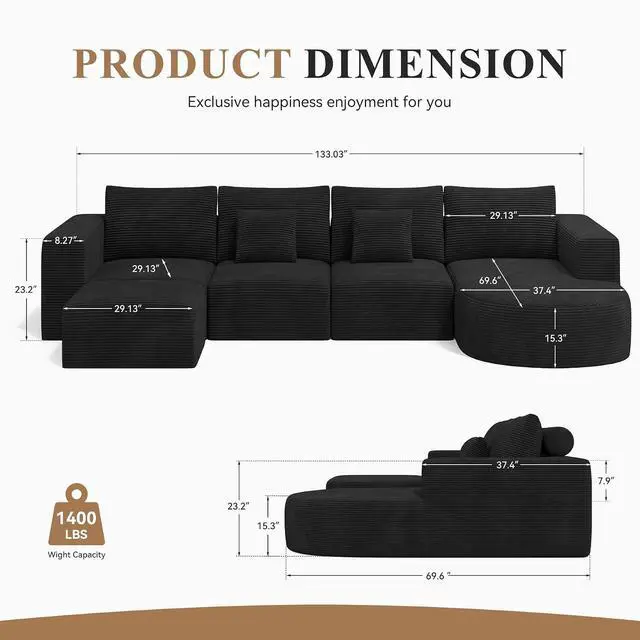 Alt view image 2 of 7 - 134" Boneless Couches for Living Room,Large U-Shaped Modular Sectional Sofa with Convertible Ottoman,Modern Cozy Cloud Couch in a Box,Sponge Compression Deep Seat Sofas with Chaise,Black,1pcs