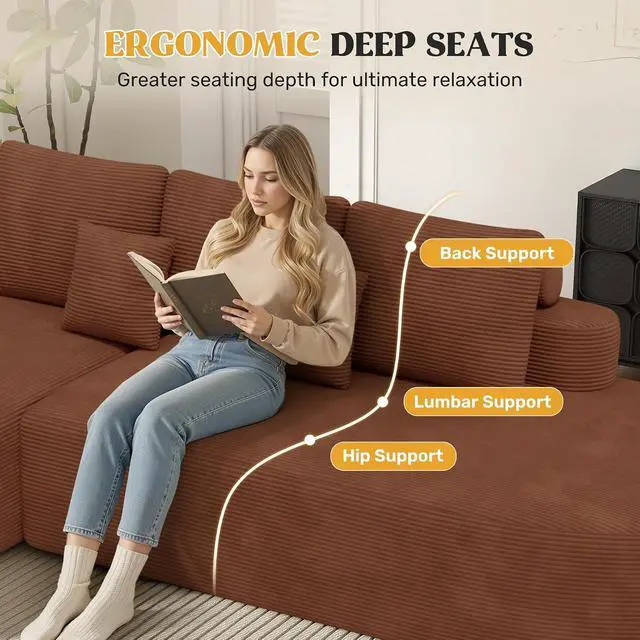 Alt view image 6 of 7 - 112" Modern Curved Cloud Couch, Corduroy Boneless Couches for Living Room with Deep Seat, Memory Foam Compressed Modular Sectional Sofa, No Assembly Required,Brown 1 PCS