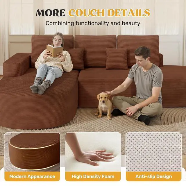 Alt view image 7 of 7 - 112" Modern Curved Cloud Couch, Corduroy Boneless Couches for Living Room with Deep Seat, Memory Foam Compressed Modular Sectional Sofa, No Assembly Required,Brown 1 PCS