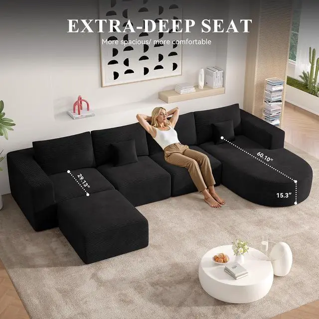 Alt view image 4 of 7 - 134" Boneless Couches for Living Room,Large U-Shaped Modular Sectional Sofa with Convertible Ottoman,Modern Cozy Cloud Couch in a Box,Sponge Compression Deep Seat Sofas with Chaise,Black,1pcs