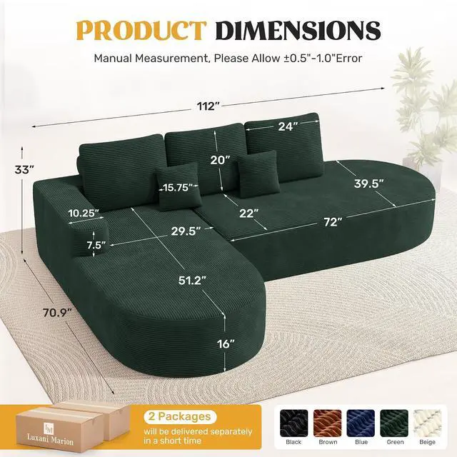 Alt view image 2 of 7 - 112" Modern Curved Cloud Couch, Boneless Couches for Living Room with Deep Seat, Memory Foam Compressed Modular Sectional Sofa, No Assembly Required,Green 1 PCS
