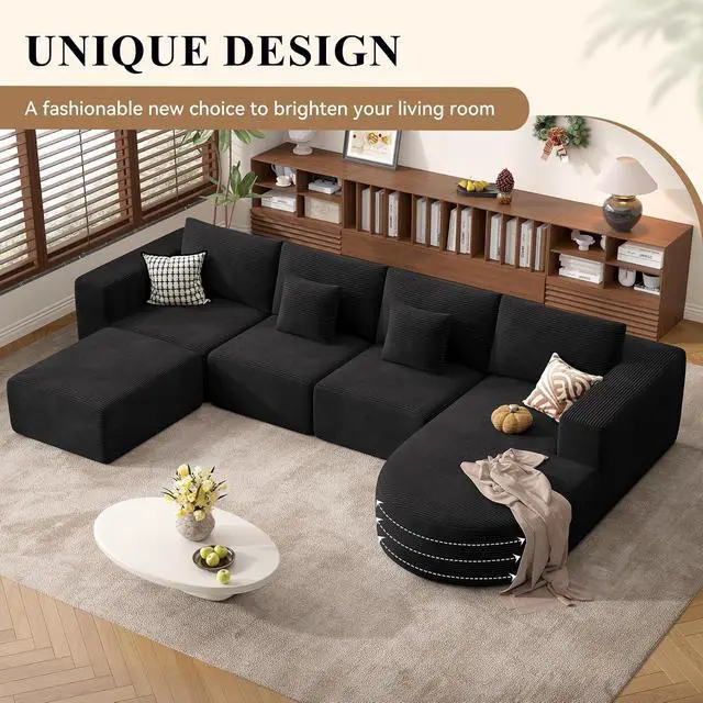 Alt view image 6 of 7 - 134" Boneless Couches for Living Room,Large U-Shaped Modular Sectional Sofa with Convertible Ottoman,Modern Cozy Cloud Couch in a Box,Sponge Compression Deep Seat Sofas with Chaise,Black,1pcs