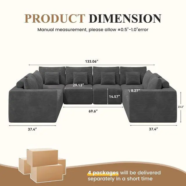 Alt view image 2 of 7 - Modern U Shaped Modular Sectional Sofa, Convertible Oversized Cloud Couches for Living Room, Comfy 8 Seater Corduroy Boneless Couch Sofa Set, No Assembly Required, Beige 1 PCS