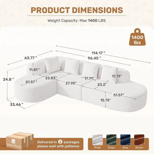 Alt view image 2 of 7 - 114 Inch Boneless Couches for Living Room,Modern Modular Sectional Sofa with Chaise,L-Shape Cloud Sectional Couch,No Assembly Required,Beige