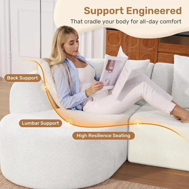 Alt view image 3 of 7 - 114 Inch Boneless Couches for Living Room,Modern Modular Sectional Sofa with Chaise,L-Shape Cloud Sectional Couch,No Assembly Required,Beige