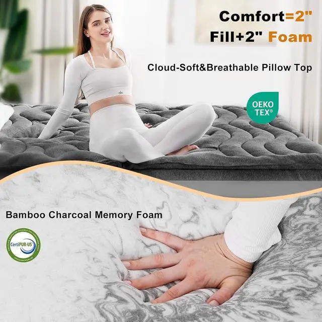 Alt view image 4 of 7 - Dual Layer 4 Inch Bamboo Memory Foam Mattress Topper King Size, 2 Inch Thick Soft Quilted Pillow Top Cover Plus 2 Inch Charcoal Gel Memory Foam Mattress Pad for Back Pain Relief