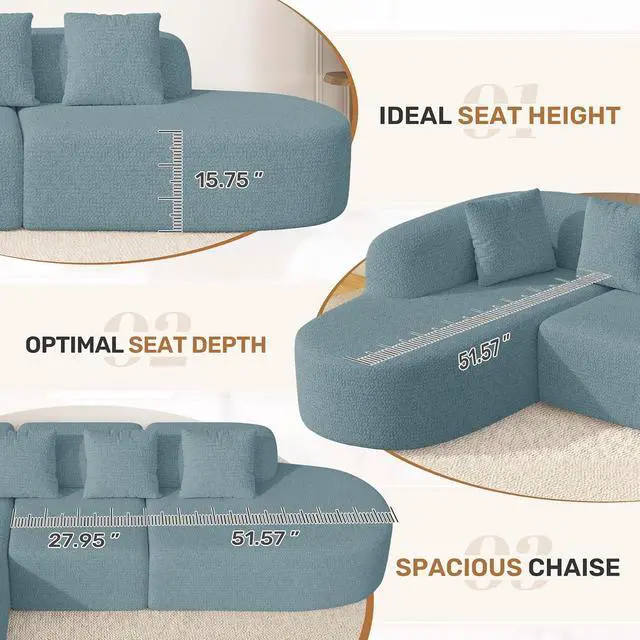 Alt view image 3 of 7 - 114 Inch Boneless Couches for Living Room,Modern Modular Sectional Sofa with Chaise,L-Shape Cloud Sectional Couch,No Assembly Required,Light Blue