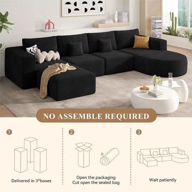 Alt view image 7 of 7 - 134" Boneless Couches for Living Room,Large U-Shaped Modular Sectional Sofa with Convertible Ottoman,Modern Cozy Cloud Couch in a Box,Sponge Compression Deep Seat Sofas with Chaise,Black,1pcs