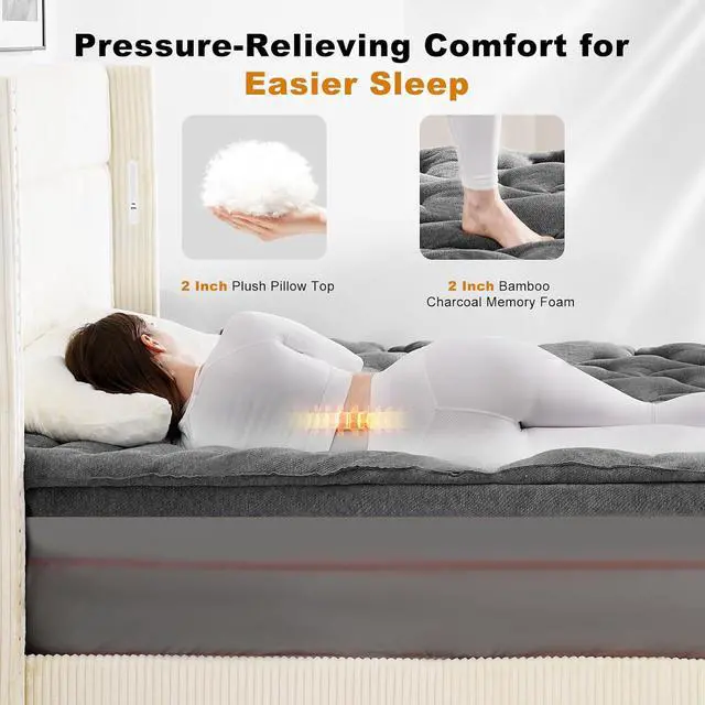 Alt view image 5 of 7 - Dual Layer 4 Inch Bamboo Memory Foam Mattress Topper King Size, 2 Inch Thick Soft Quilted Pillow Top Cover Plus 2 Inch Charcoal Gel Memory Foam Mattress Pad for Back Pain Relief