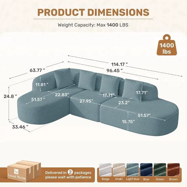 Alt view image 2 of 7 - 114 Inch Boneless Couches for Living Room,Modern Modular Sectional Sofa with Chaise,L-Shape Cloud Sectional Couch,No Assembly Required,Light Blue