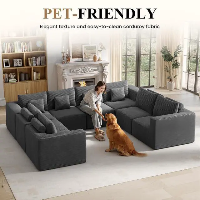 Alt view image 3 of 7 - Modern U Shaped Modular Sectional Sofa, Convertible Oversized Cloud Couches for Living Room, Comfy 8 Seater Corduroy Boneless Couch Sofa Set, No Assembly Required, Beige 1 PCS