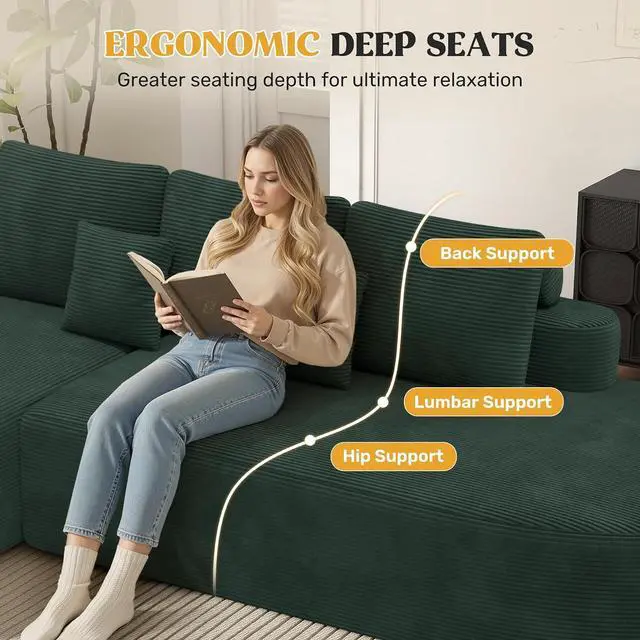 Alt view image 6 of 7 - 112" Modern Curved Cloud Couch, Boneless Couches for Living Room with Deep Seat, Memory Foam Compressed Modular Sectional Sofa, No Assembly Required,Green 1 PCS