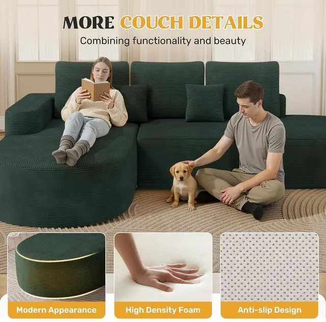 Alt view image 7 of 7 - 112" Modern Curved Cloud Couch, Boneless Couches for Living Room with Deep Seat, Memory Foam Compressed Modular Sectional Sofa, No Assembly Required,Green 1 PCS