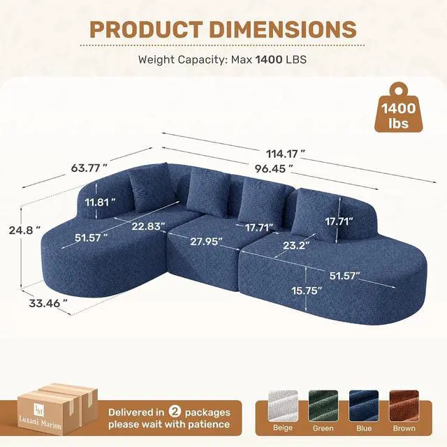 Alt view image 2 of 7 - 114 Inch Boneless Couches for Living Room,Modern Modular Sectional Sofa with Chaise,L-Shape Cloud Sectional Couch,No Assembly Required,Dark Blue