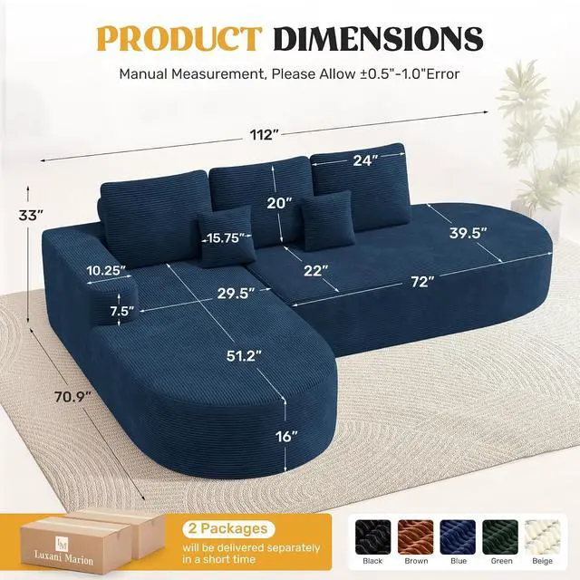 Alt view image 2 of 7 - 112" Modern Curved Cloud Couch, Boneless Couches for Living Room with Deep Seat, Memory Foam Compressed Modular Sectional Sofa, No Assembly Required,Navy Blue 1 PCS