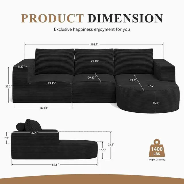 Alt view image 2 of 7 - L-Shaped Boneless Couch,104" Couches for Living Room with Curved Chaise,Modular Sectional Sofa with Deep Seat,Modern Cozy Cloud Compression Sofas,No Assembly Required(Black) 1PCS