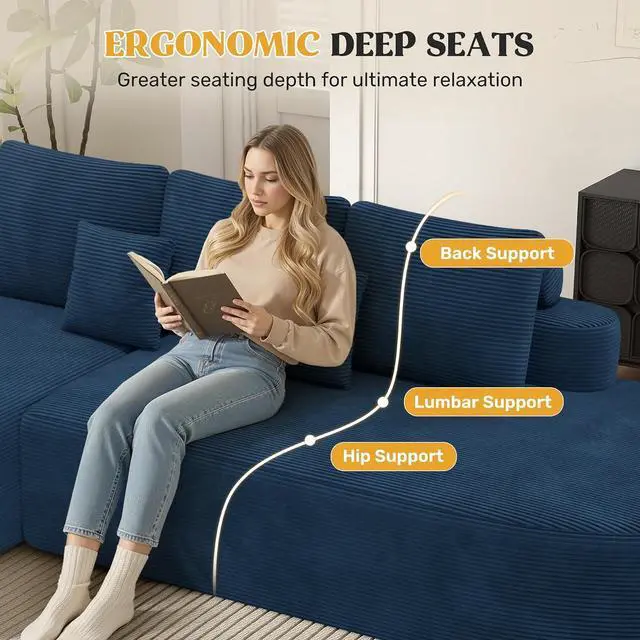 Alt view image 6 of 7 - 112" Modern Curved Cloud Couch, Boneless Couches for Living Room with Deep Seat, Memory Foam Compressed Modular Sectional Sofa, No Assembly Required,Navy Blue 1 PCS