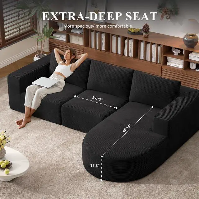 Alt view image 5 of 7 - L-Shaped Boneless Couch,104" Couches for Living Room with Curved Chaise,Modular Sectional Sofa with Deep Seat,Modern Cozy Cloud Compression Sofas,No Assembly Required(Black) 1PCS
