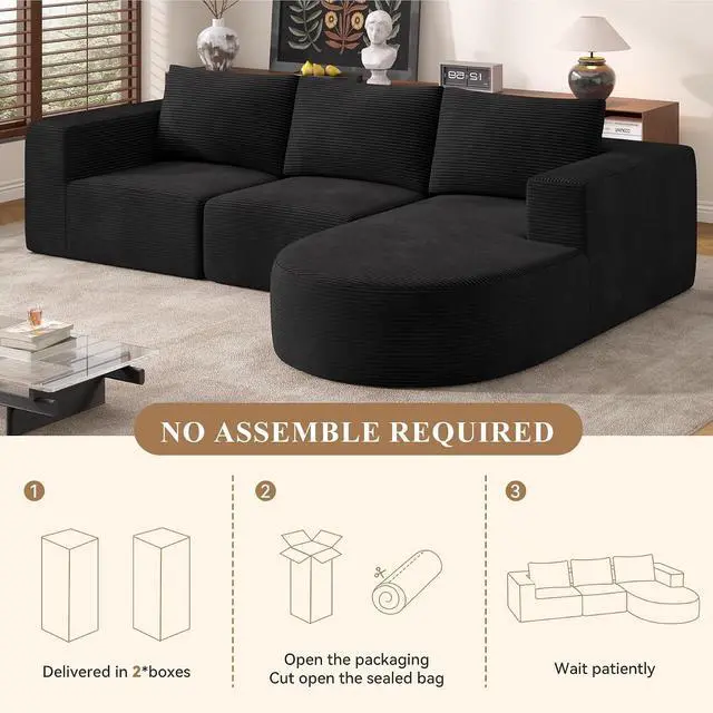Alt view image 6 of 7 - L-Shaped Boneless Couch,104" Couches for Living Room with Curved Chaise,Modular Sectional Sofa with Deep Seat,Modern Cozy Cloud Compression Sofas,No Assembly Required(Black) 1PCS