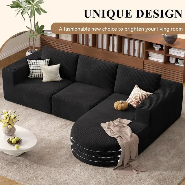 Alt view image 7 of 7 - L-Shaped Boneless Couch,104" Couches for Living Room with Curved Chaise,Modular Sectional Sofa with Deep Seat,Modern Cozy Cloud Compression Sofas,No Assembly Required(Black) 1PCS