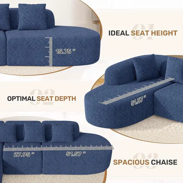 Alt view image 5 of 7 - 114 Inch Boneless Couches for Living Room,Modern Modular Sectional Sofa with Chaise,L-Shape Cloud Sectional Couch,No Assembly Required,Dark Blue